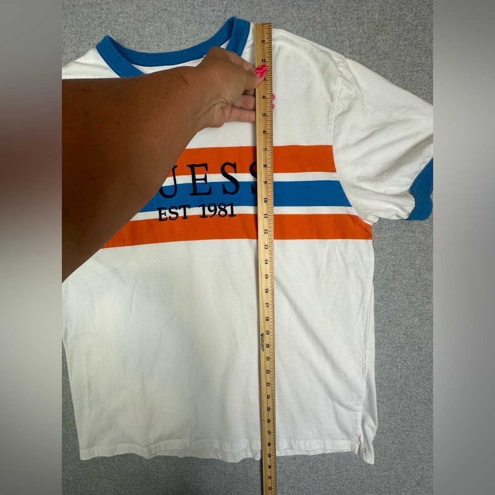 Guess‎ Ringer T Shirt Mens Large Logo Retro 90s Y2K Blue Orange - Picture 5 of 7